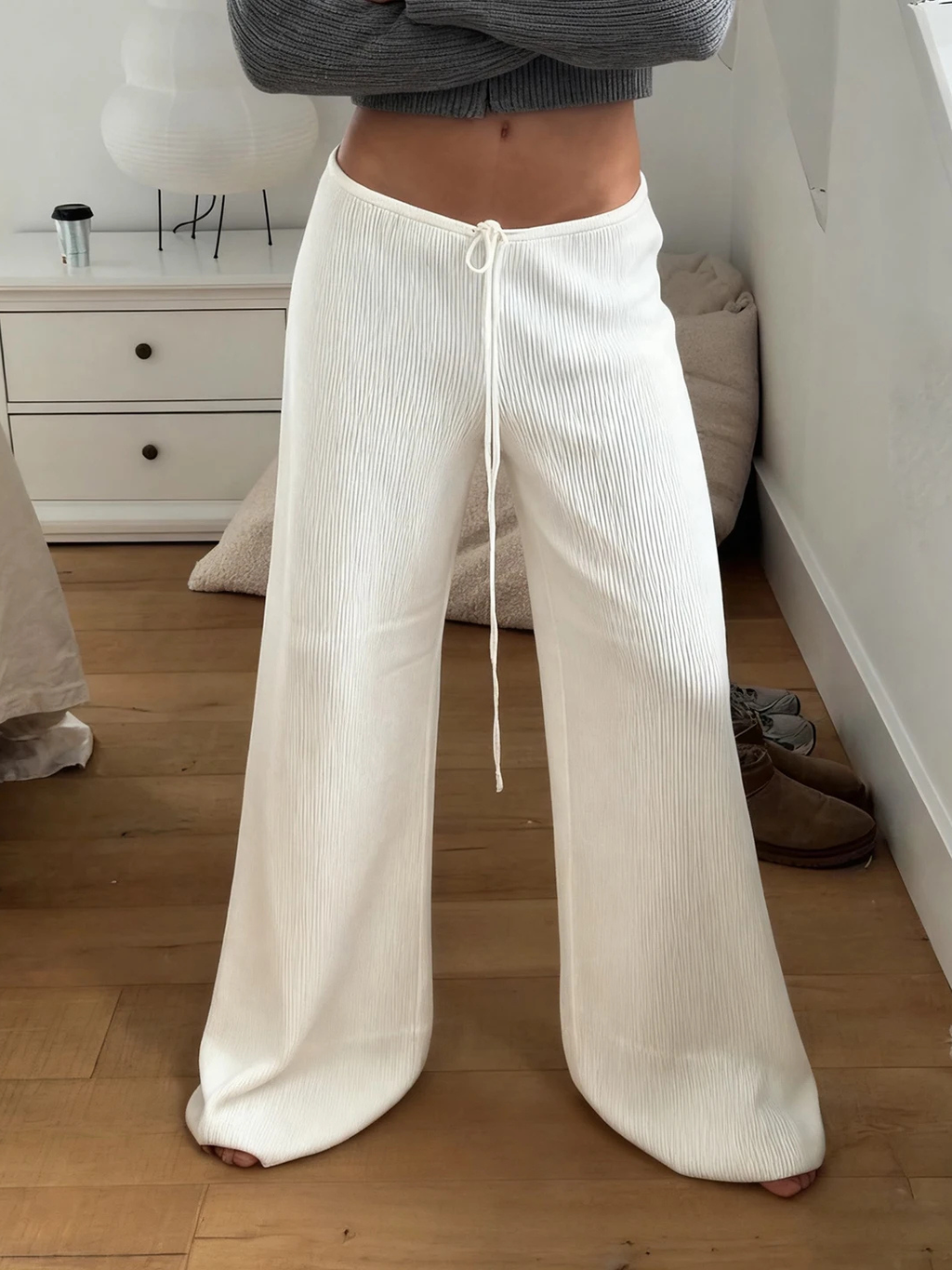 RIBBED DRAWSTRING WIDE LEG PANTS