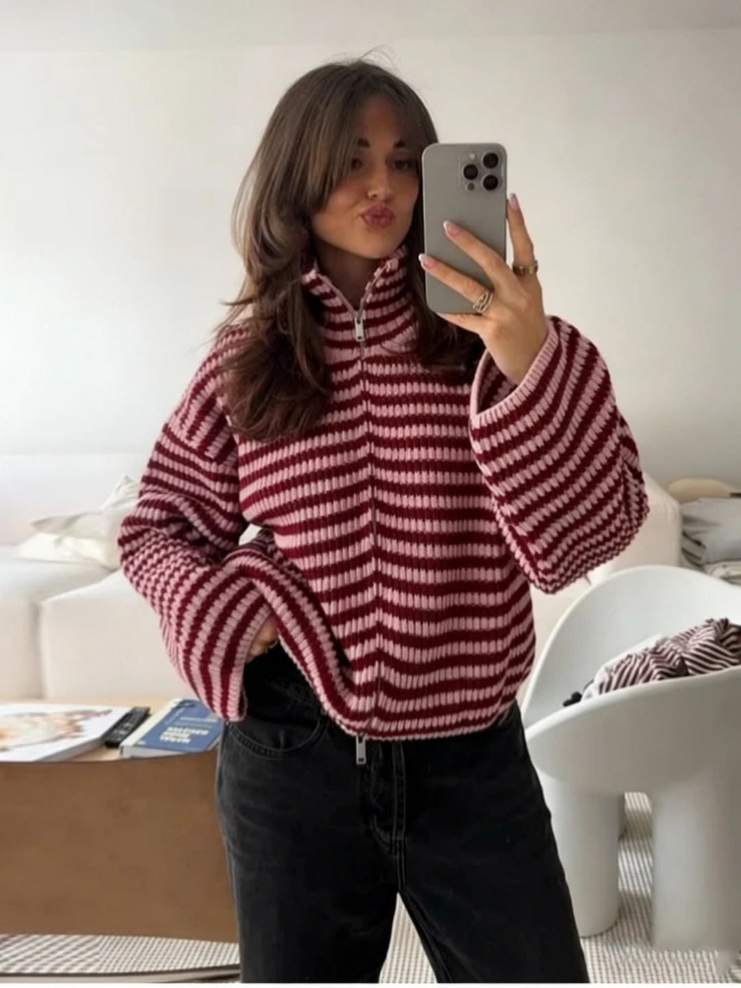 ELLA STRIPED ZIP-UP KNIT CARDIGAN