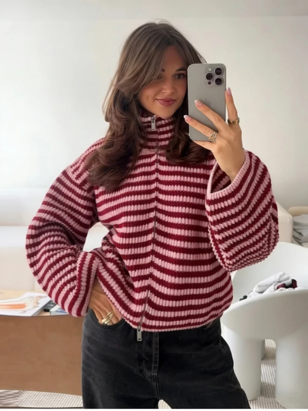 ELLA STRIPED ZIP-UP KNIT CARDIGAN