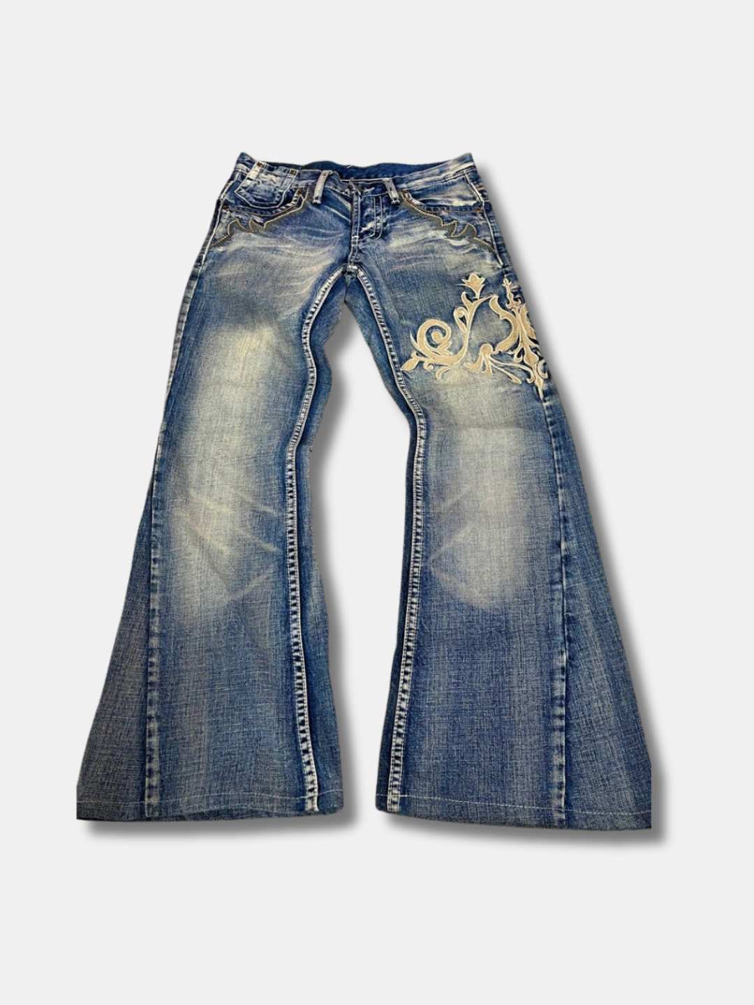 SCROLL EMBROIDERED FLARE JEANS