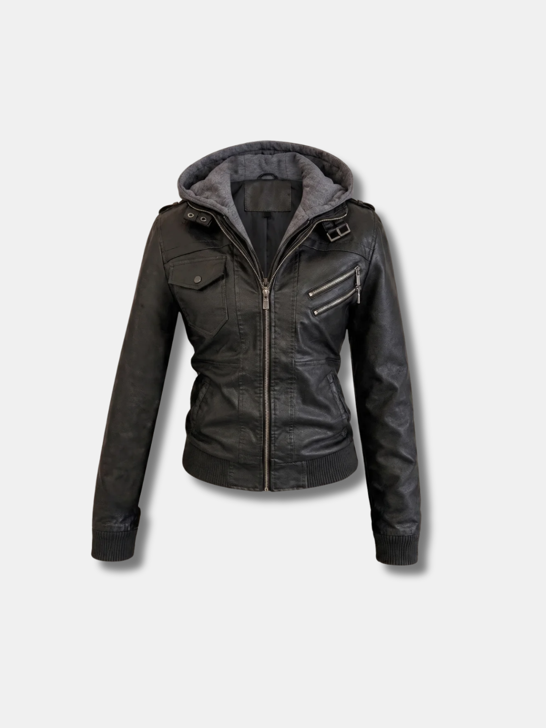 HOODED LEATHER MOTO JACKET