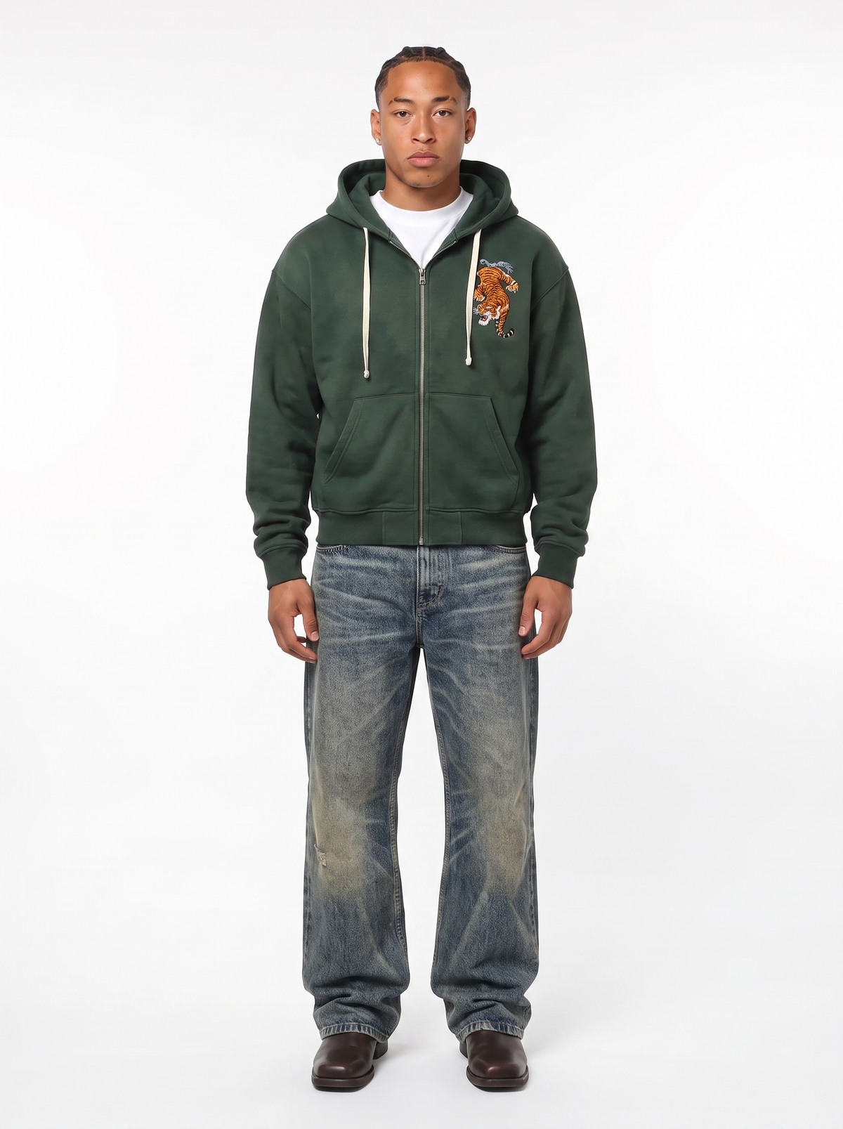 TIGER EMBROIDERED ZIP HOODIE