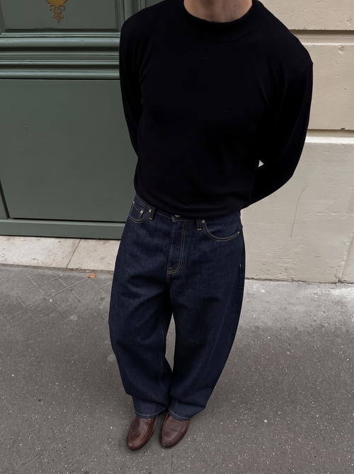 BARREL LEG RAW DENIM JEANS