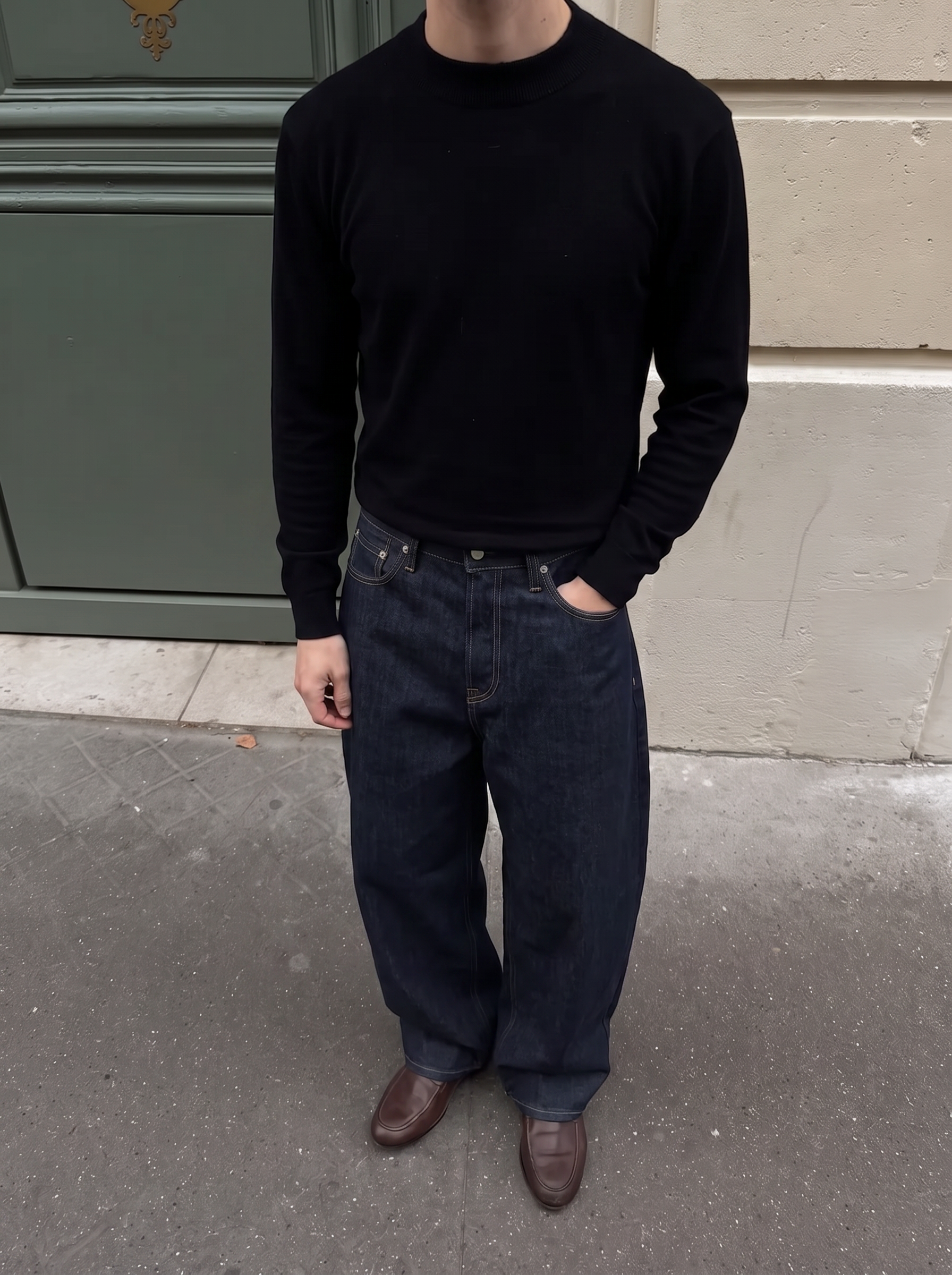BARREL LEG RAW DENIM JEANS