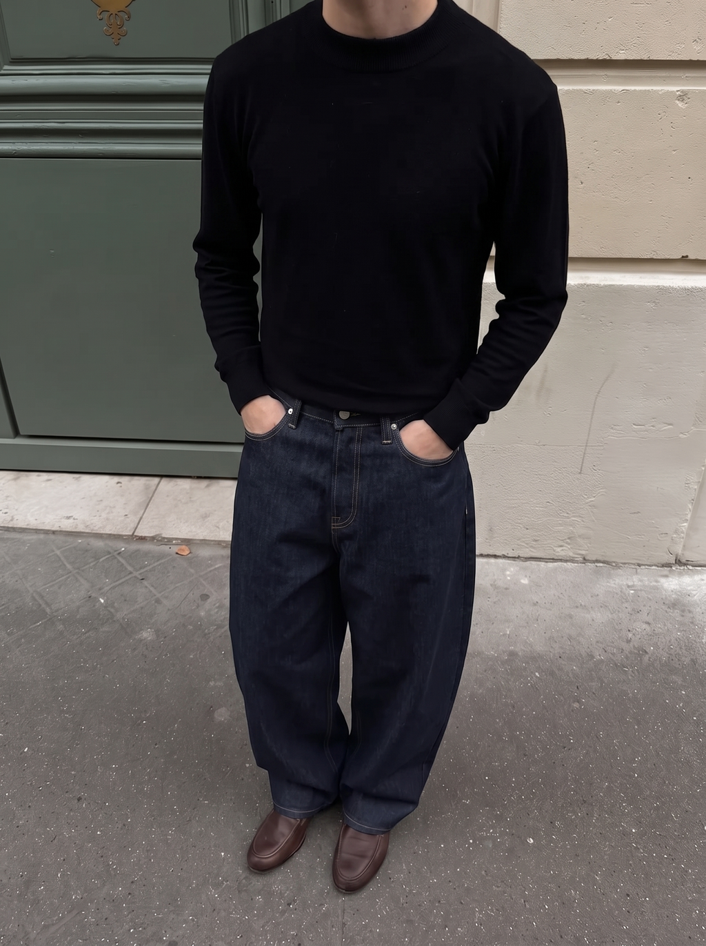 BARREL LEG RAW DENIM JEANS