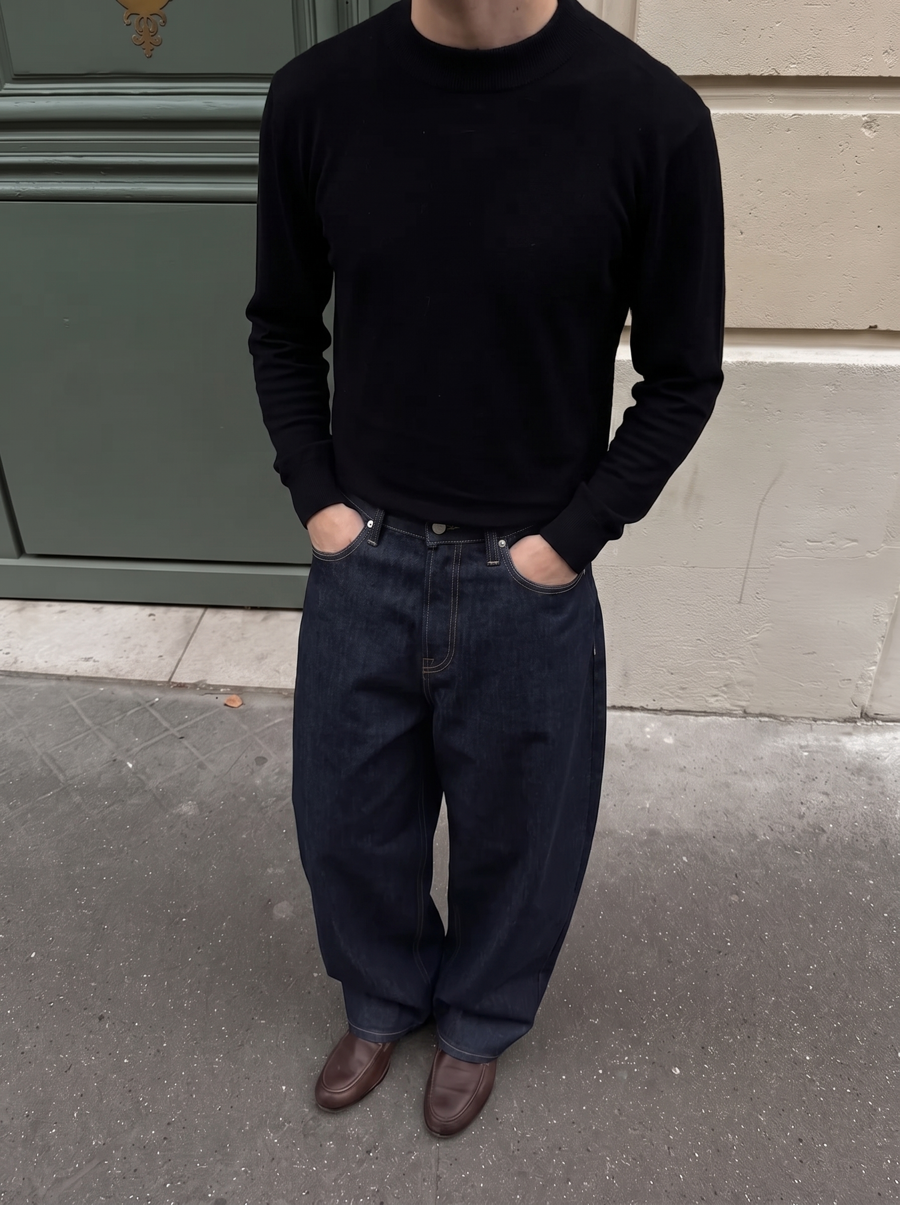 BARREL LEG RAW DENIM JEANS