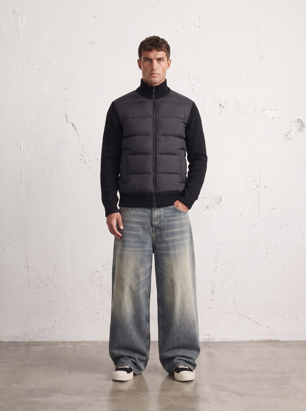 KNIT SLEEVE PUFFER ZIP JACKET
