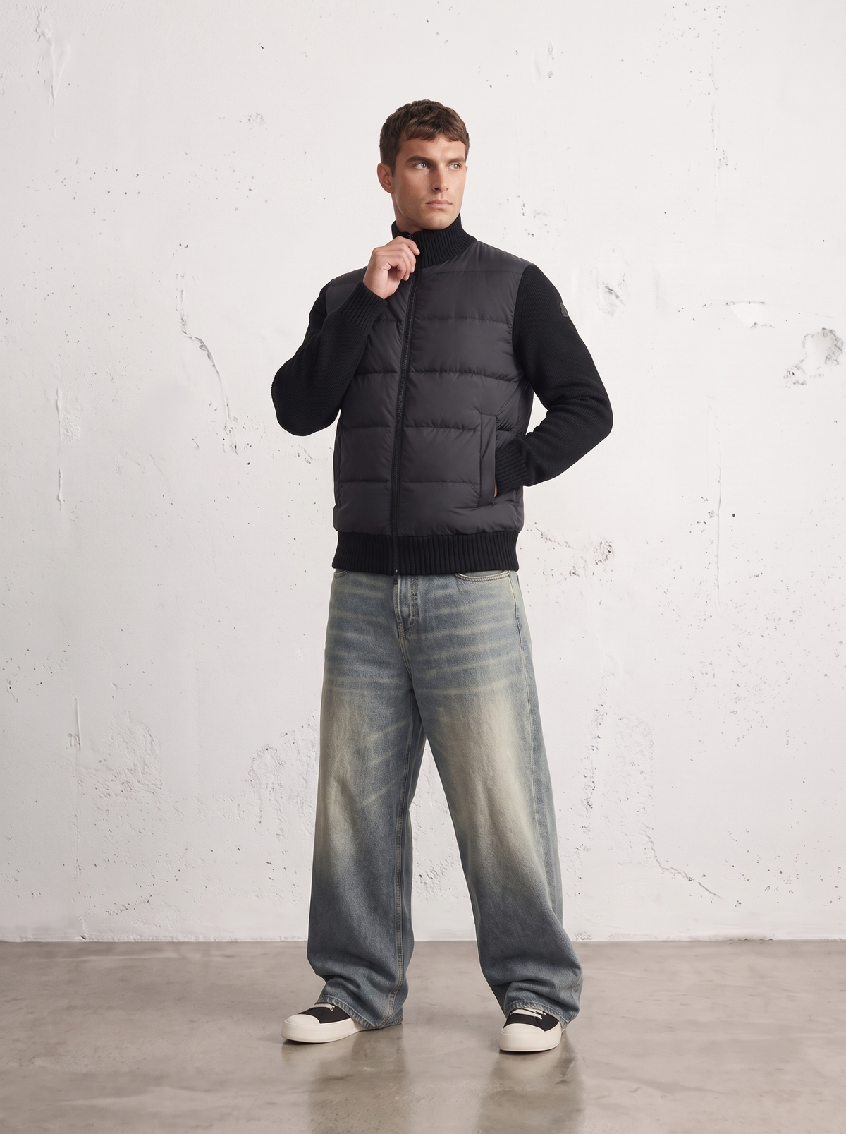 KNIT SLEEVE PUFFER ZIP JACKET